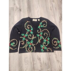Design Options Philip & Jane Gordon Christmas Holly Berry Cardigan Sweater Sz. S